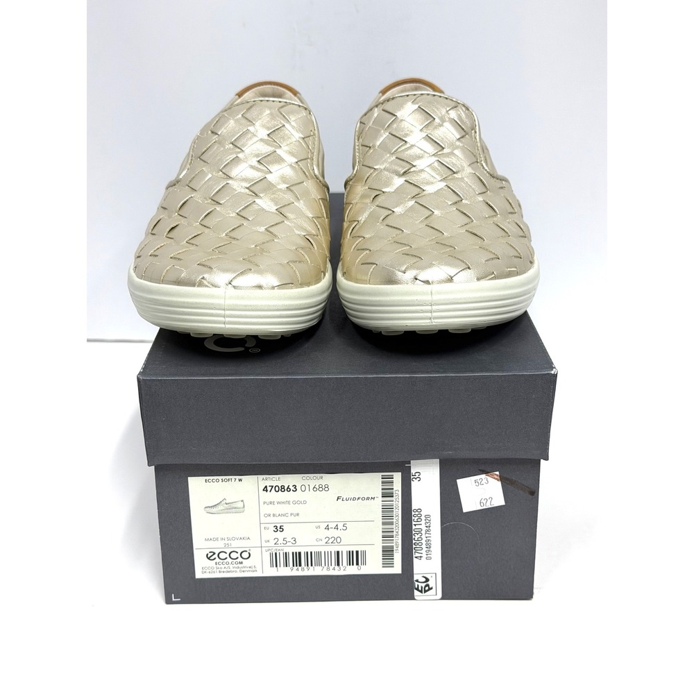 Ecco Women's Soft 7 Woven Slip-On Sneakers Pure White Gold Size 4-4.5 NWT/BOX